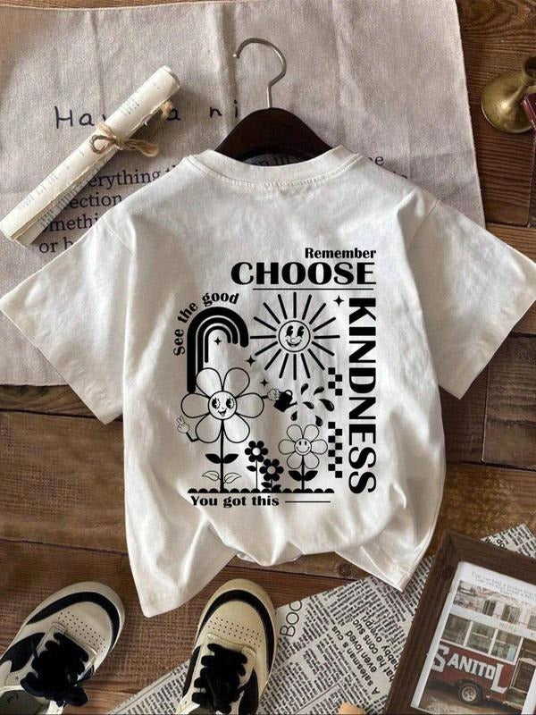 Women's Choose Kindness Letter Print Round Neck Tee, Vintage Trendy Casual Flower Graphic Short Sleeve T-shirt for Daily...