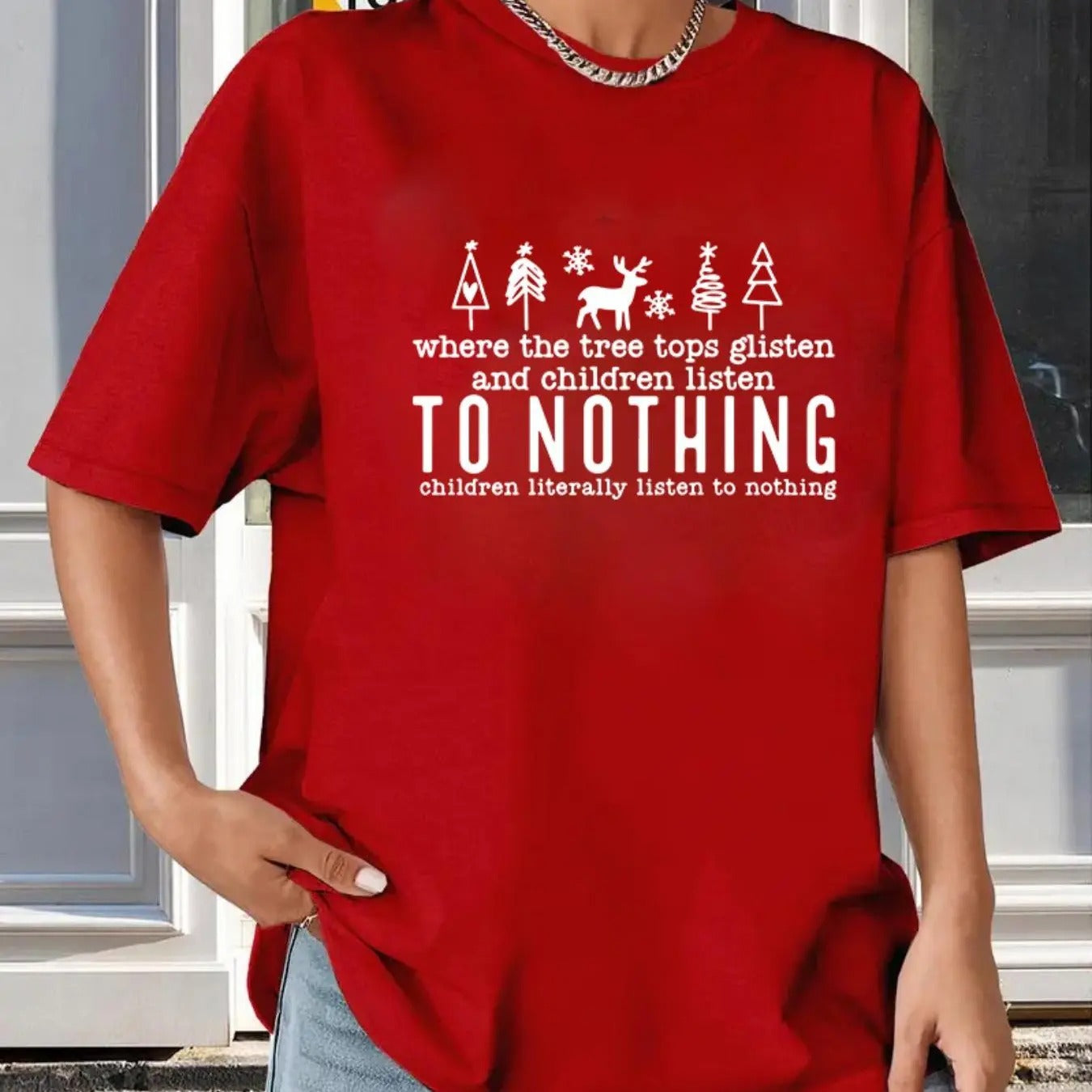 Women's Christmas & Letter Print Drop Shoulder Tee, Casual Short Sleeve Round Neck T-Shirt for Summer, Women's Top for...