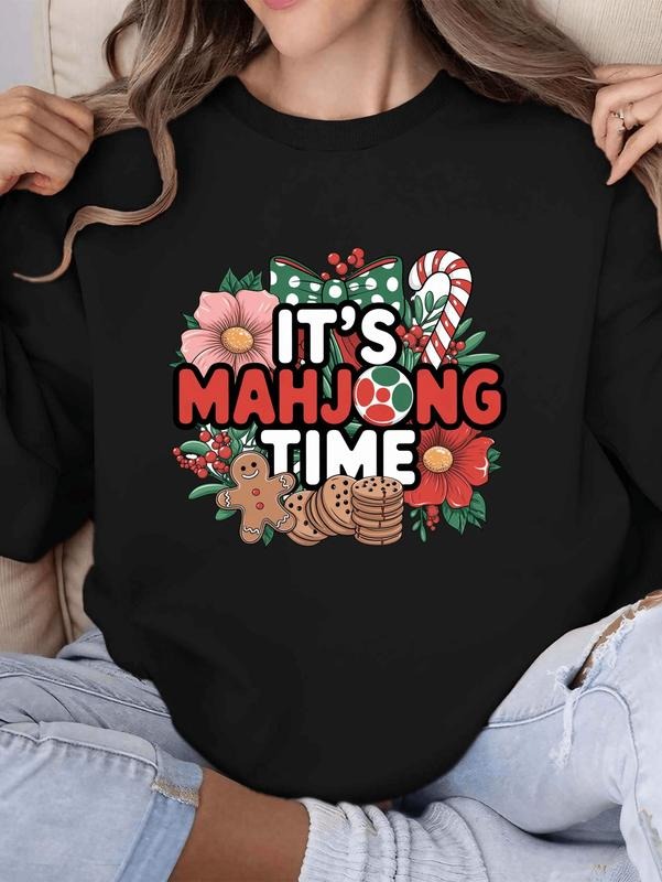 Women's Christmas "It's Mahjong Time" Graphic Crewneck Sweatshirt - Vibrant Green Holiday Design with Gingerbread, Candy...