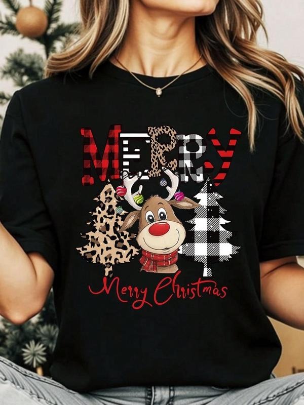 Women's Christmas  Letter  & Reindeer & Tree Print Round Neck Tee, Casual Fashion Short Sleeve T-shirt for Summer,...