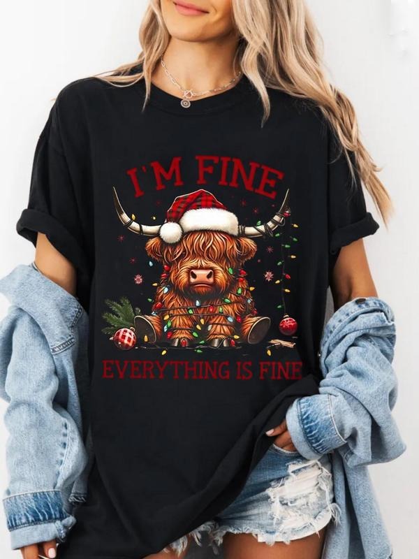 Women's Christmas Animal & Letter Print Round Neck Short Sleeve T-Shirt, Casual Loose-Fitting, Perfect for Christmas...