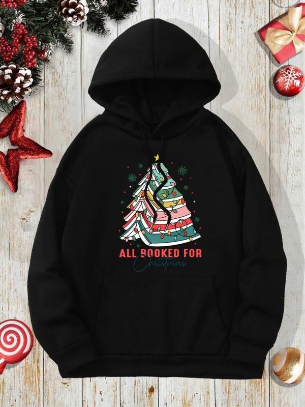 Women's Christmas Book Print Drop Shoulder Hoodie, Fashion Casual Drawstring Pocket Hooded Sweatshirt for Daily Holiday...