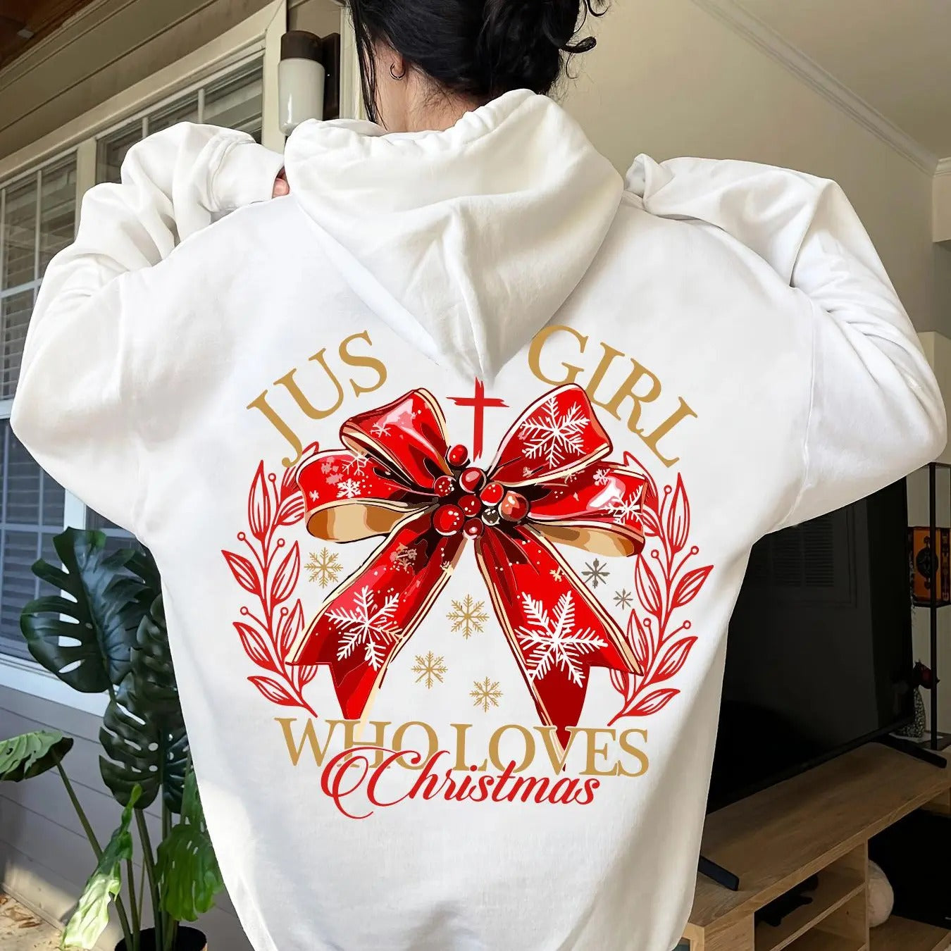 Women's Christmas Bowknot & Letter Print Drop Shoulder Hoodie, Fashion Drawstring Kangaroo Pocket Hooded Sweatshirt for...