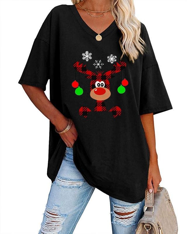 Women's Christmas Buffalo Plaid Reindeer Print Oversized T Shirts V Neck Tees Half Sleeve Merry Christmas Tunic Hoodie,...