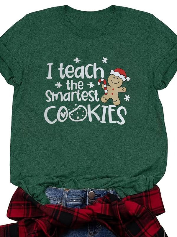 Women's Christmas Cartoon Gingerbread Man & Letter Print Round Neck Tee, Casual Short Sleeve Crew Neck T-shirt for All...