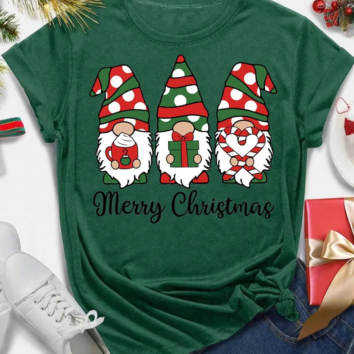 Women's Christmas Cartoon Gnome & Letter Print Round Neck Tee, Casual Short Sleeve T-shirt, Ladies Summer Clothes Hoodie,...