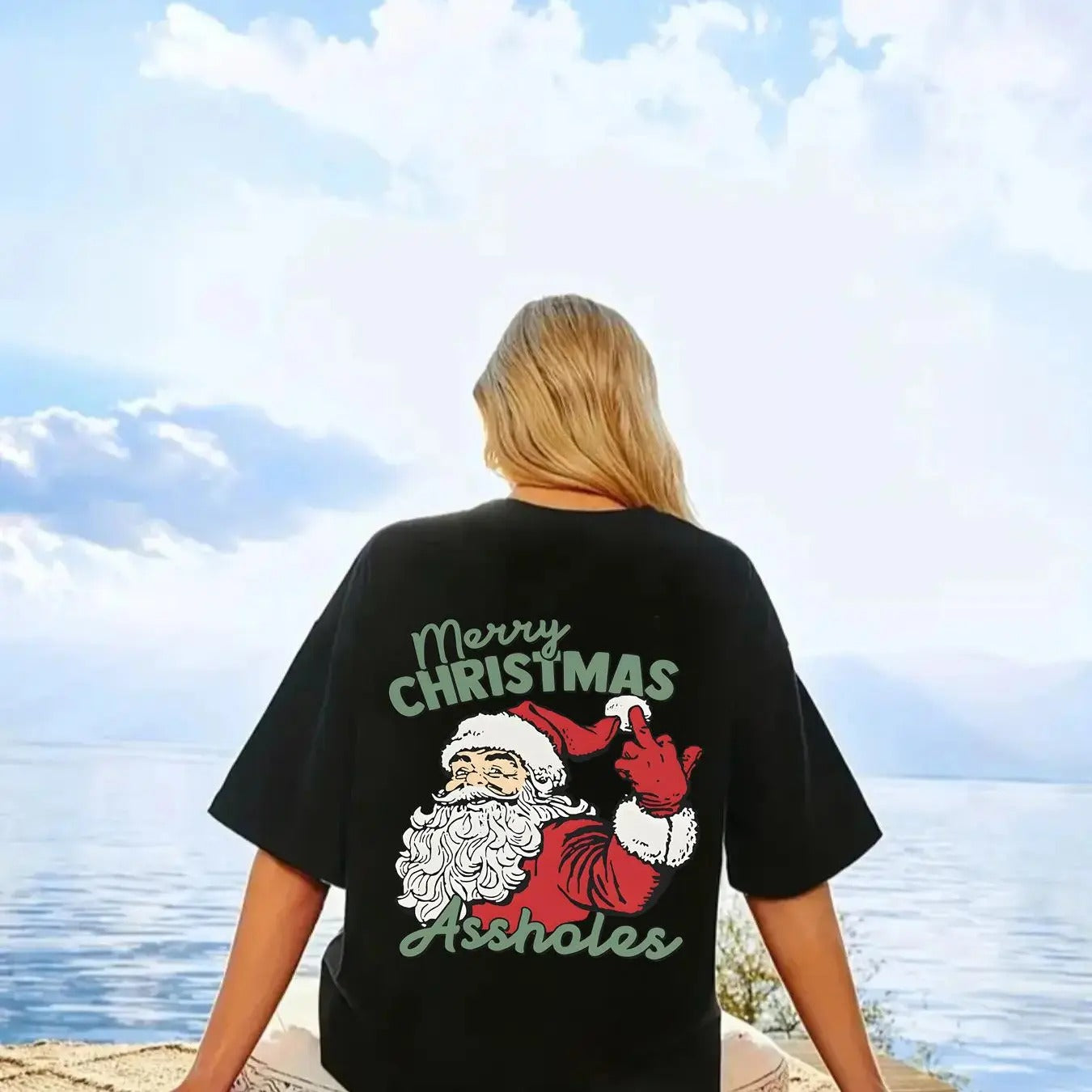 Women's Christmas Cartoon Santa Claus & Letter Print Drop Shoulder Tee, Casual Half Sleeve Round Neck T-shirt for All...