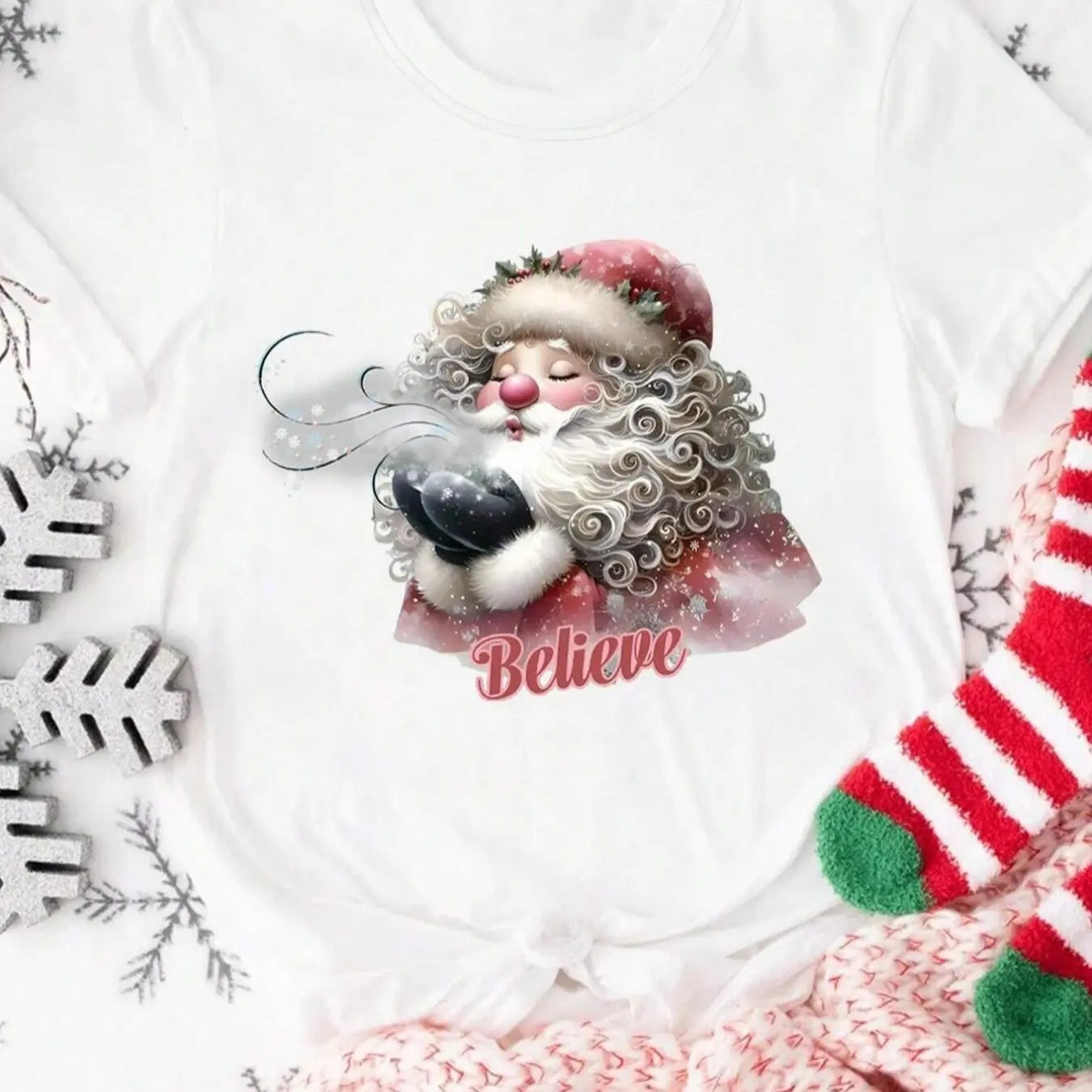 Women's Christmas Cartoon Santa Claus & Letter Print Round Neck Tee, Casual Short Sleeve Crew Neck T-shirt for Summer,...