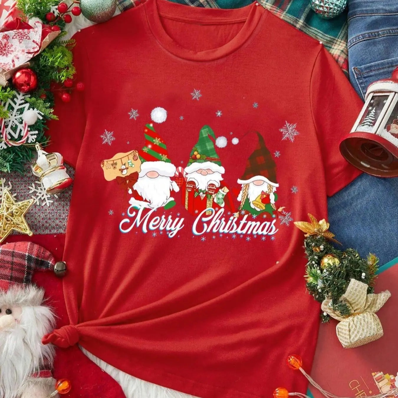Women's Christmas Cartoon Santa Claus & Letter Print Round Neck Tee, Casual Short Sleeve T-shirt for Summer, Ladies...