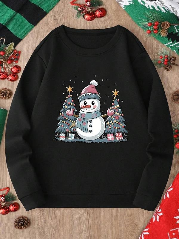 Women's Christmas Cartoon Snowman Print Drop Shoulder Thermal Lined Sweatshirt, Casual Long Sleeve Round Neck Pullover...