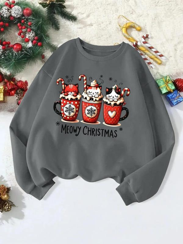 Women's Christmas Cat & Letter & Cup Print Crew Neck Sweatshirt, Casual Long Sleeve Pullover for Daily Wear, Ladies ...