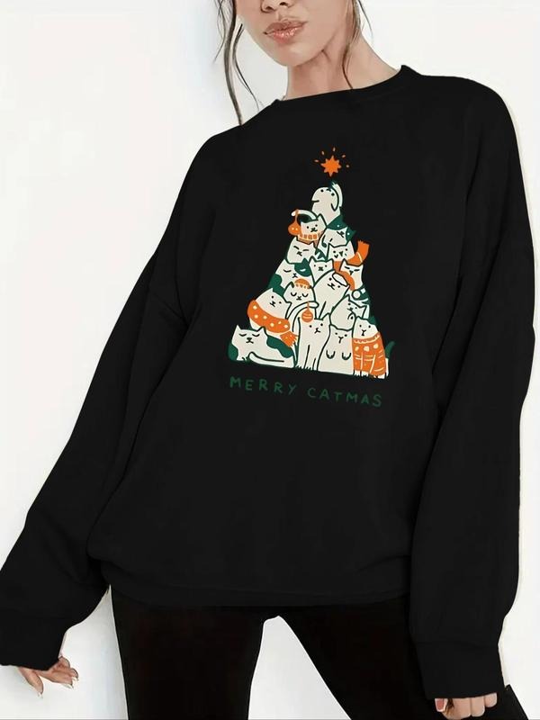 Women's Christmas Cat Print Drop Shoulder Sweatshirt, Casual Long Sleeve Round Neck Pullover for Fall & Winter, Ladies...