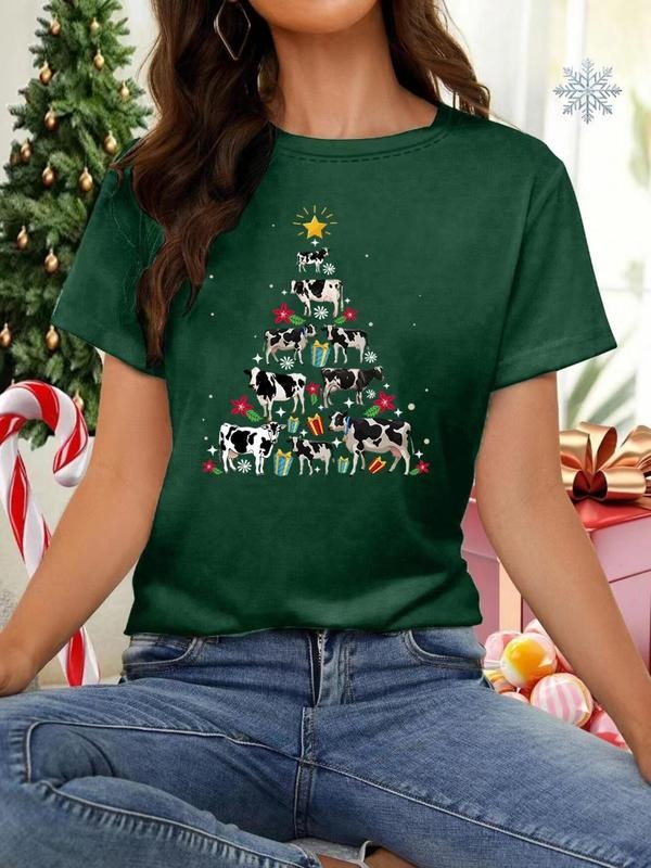 Women's Christmas Cow & Tree Print Round Neck Tee, Casual Short Sleeve Crew Neck T-shirt for All Seasons, Fashion Women's...