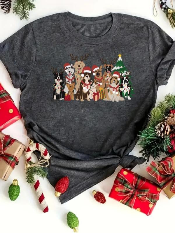 Women's Christmas Dog & Tree Print Round Neck Tee, Casual Short Sleeve Crew Neck T-shirt for Daily Holiday Vacation...