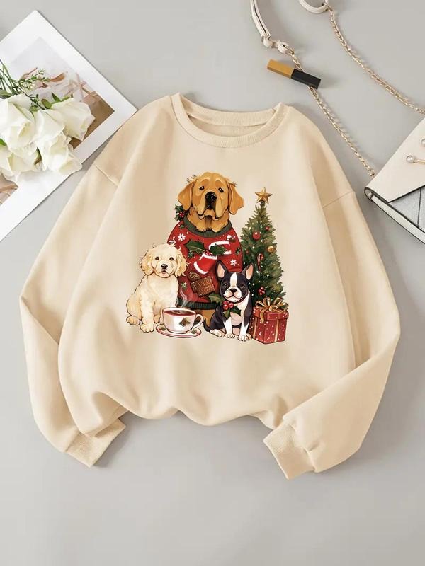 Women's Christmas Dog Print Drop Shoulder Sweatshirt, Casual Long Sleeve Round Neck Pullover for Daily Wear, Ladies...