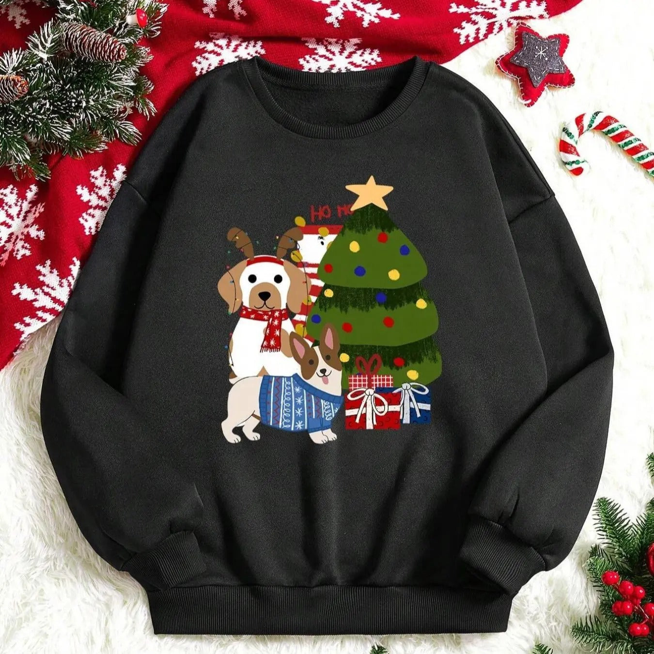 Women's Christmas Dog Print Drop Shoulder Thermal  Lined Sweatshirt, Casual Long Sleeve Round Neck Pullover for Daily...