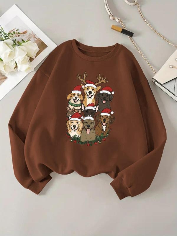 Women's Christmas Dogs Print Drop Shoulder Sweatshirt, 2024 New Style Casual Long Sleeve Round Neck Pullover for Daily...