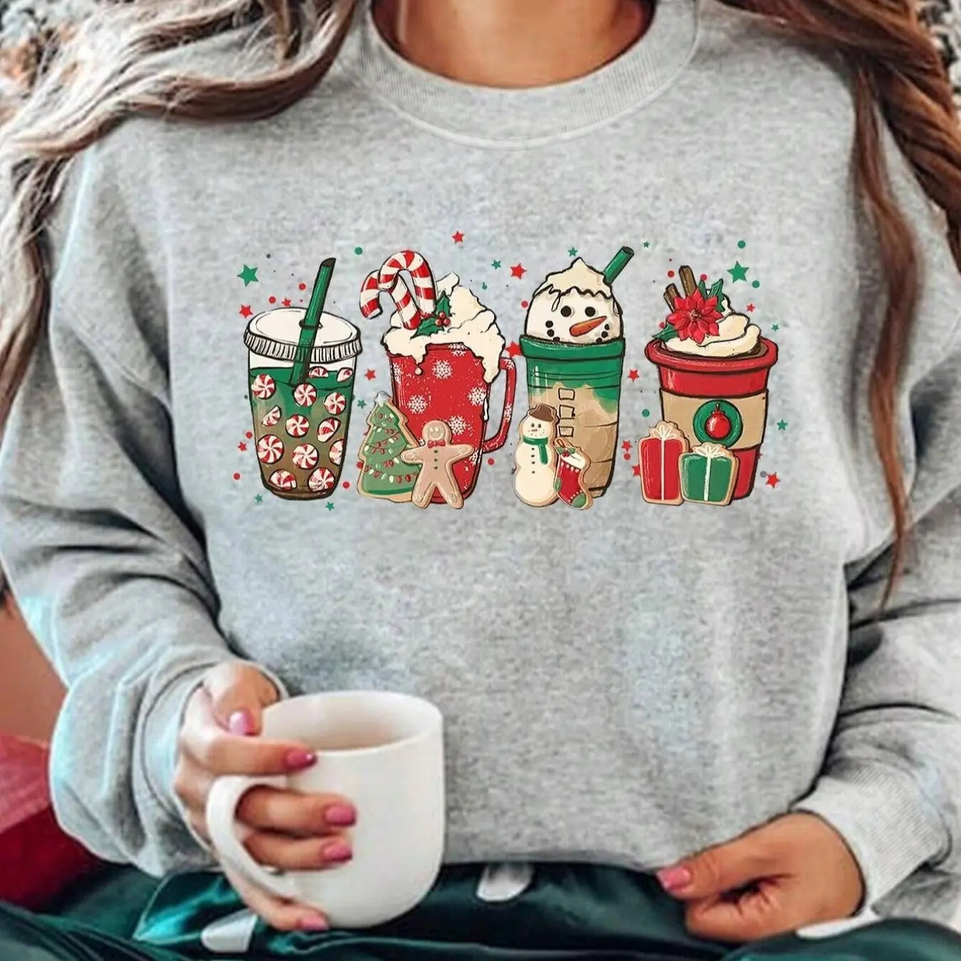 Women's Christmas Drink Print Drop Shoulder Sweatshirt, Casual Long Sleeve Round Neck Pullover for Daily Wear, Ladies...