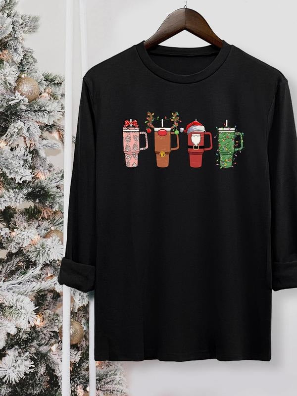 Drinks Print Round Neck Casual Long Sleeve Crew Neck Fall & Winter Top Daily T-Shirts, Hoodie, Sweatshirt