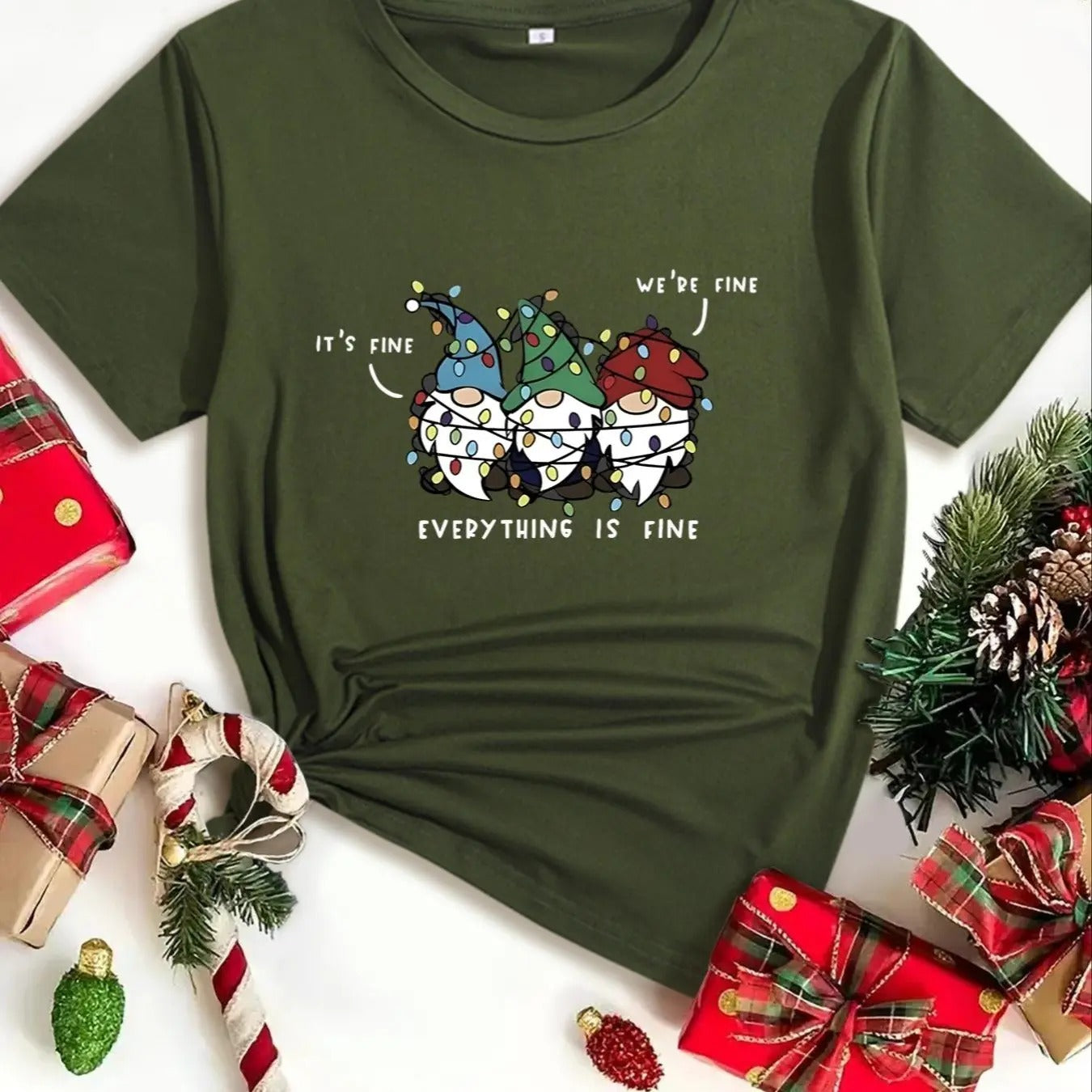 Women's Christmas Dwarf & Letter Print Round Neck Tee, Casual Short Sleeve Crew Neck T-shirt for Spring & Fall, Fashion...