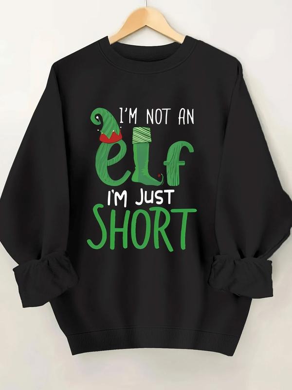 Women's Christmas Elf Graphic Sweatshirt - "I'm Not An Elf I'm Just Short" Funny Slogan Crewneck, Black with Green &...