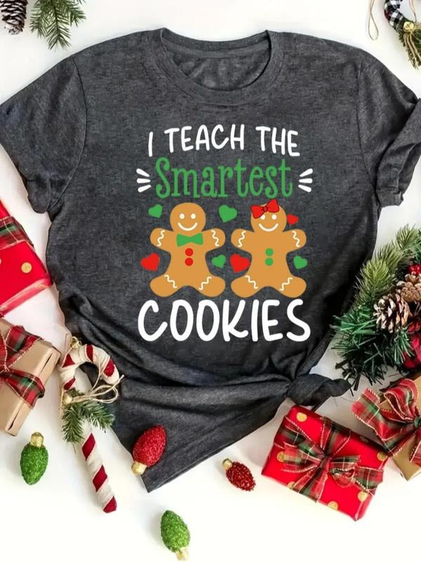 Women's Christmas Gingerbread Cookies & Letter Print Round Neck Tee, Casual Short Sleeve Crew Neck T-shirt for All...