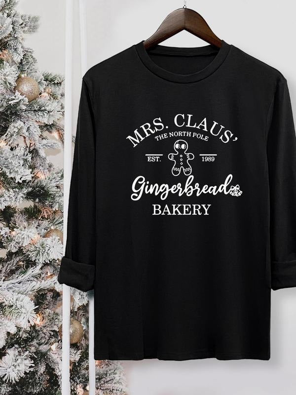 Gingerbread Letter Print Round Neck Casual Long Sleeve Crew Neck Fall & Winter Top Daily T-Shirts, Hoodie, Sweatshirt