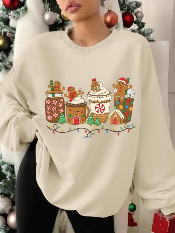 Women's Christmas Gingerbread Print Drop Shoulder Sweatshirt, Casual Long Sleeve Round Neck Pullover for Daily Wear,...