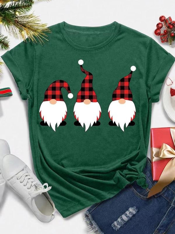 Women's Christmas Gnome Print Round Neck Graphic Tee, Casual Short Sleeve T-shirt for Daily Wear, Ladies Clothes for All...