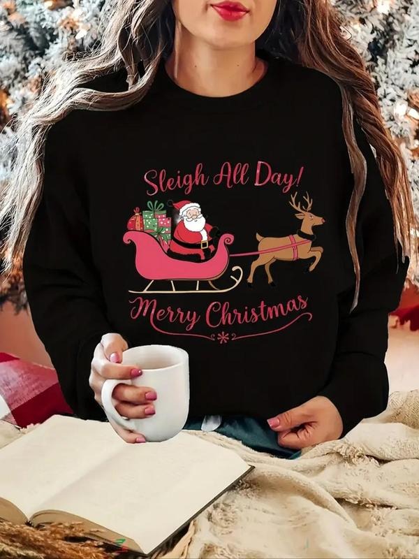 Women's Christmas Graphic & Letter Print Crew Neck Pullover, Casual Long Sleeve Sweatshirt for Holiday Vacation Wear,...