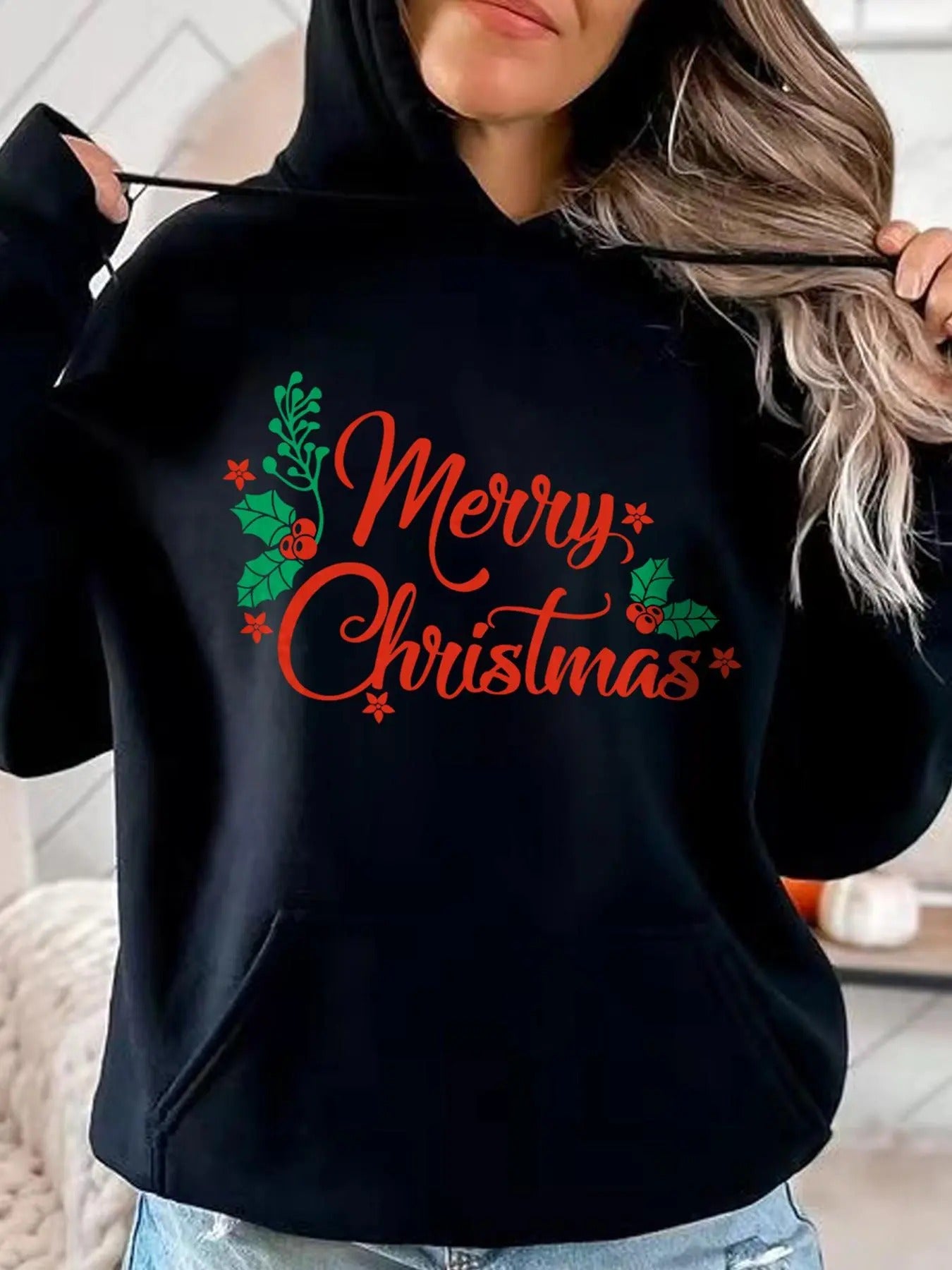 Women's Christmas Graphic & Letter Print Pocket Hoodie, Casual Long Sleeve Hooded Sweatshirt for Spring & Fall, Fashion...