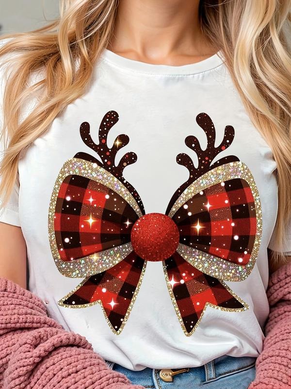Women's Christmas Graphic T-Shirt with Red Black Plaid Bow and Golden Sequins, Festive Deer Antlers Design Short Sleeve...
