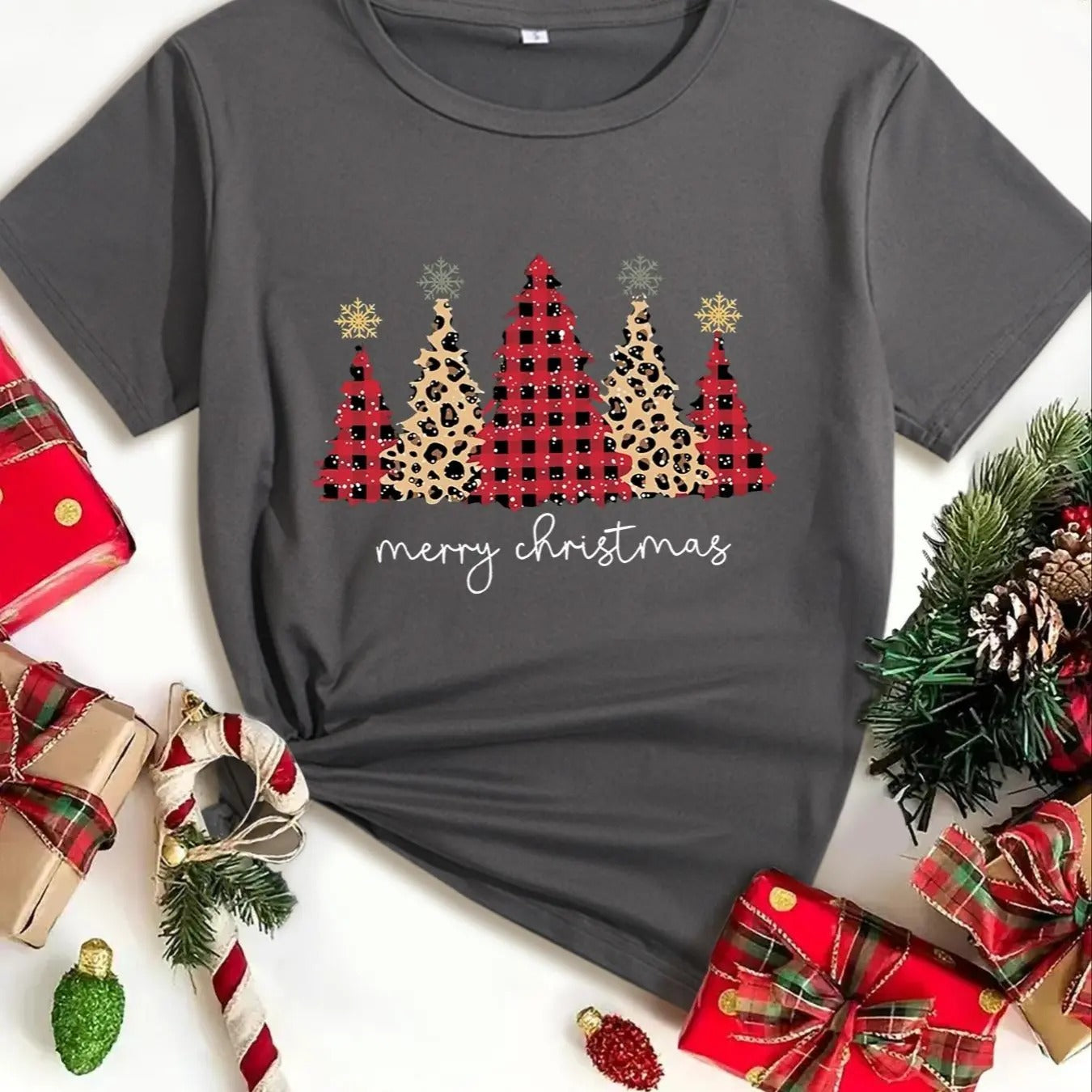 Women's Christmas Leopard Tree & Letter Print Round Neck Tee, Casual Short Sleeve Crew Neck T-shirt for Spring & Fall,...