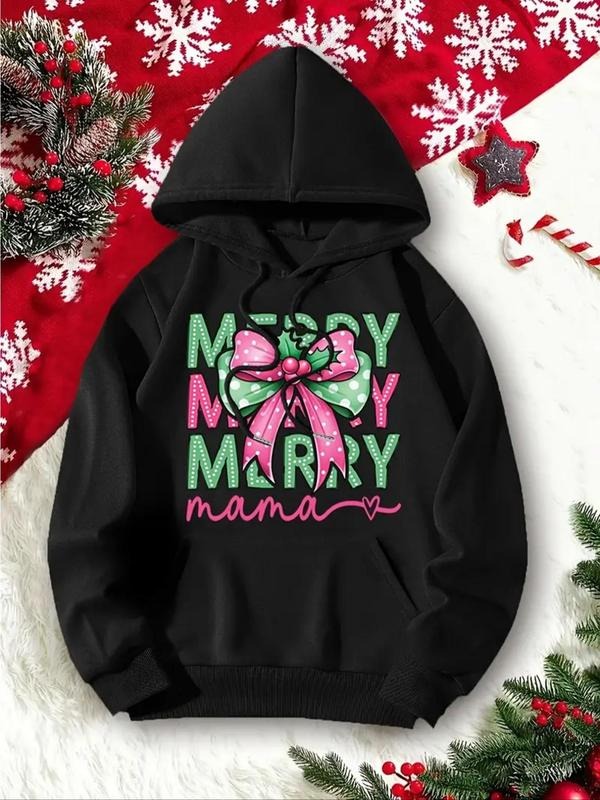 Women's Christmas Letter & Bow Print Drop Shoulder Hoodie, Fashion Casual Drawstring Pocket Hooded Sweatshirt for Daily...
