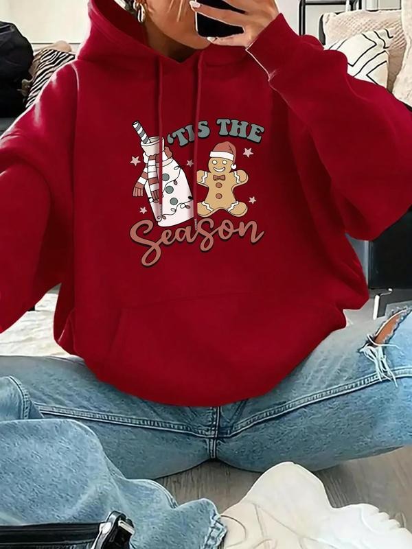 Women's Christmas Letter Graphic Drop Shoulder Drawstring Hoodie, Fashion Casual Pocket Hooded Sweatshirt for Daily...
