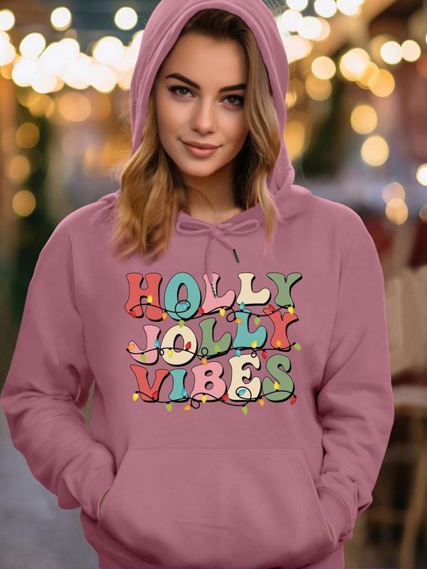 Women's Christmas Letter Print Drawstring Pocket Hoodie, Casual Long Sleeve Hooded Sweatshirt for Fall & Winter, Women's...