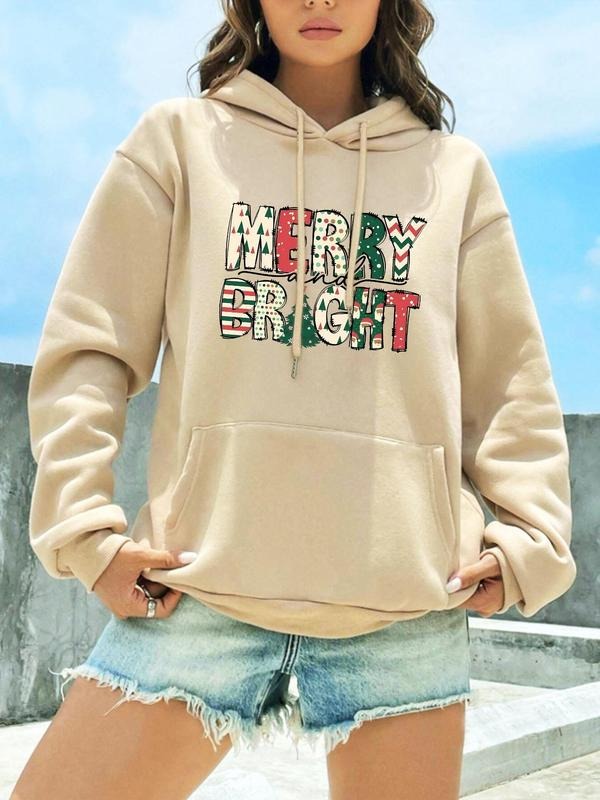 Women's Christmas Letter Print Drop Shoulder Drawstring Hoodie, Fashion Casual Kangaroo Pocket Hooded Sweatshirt for...