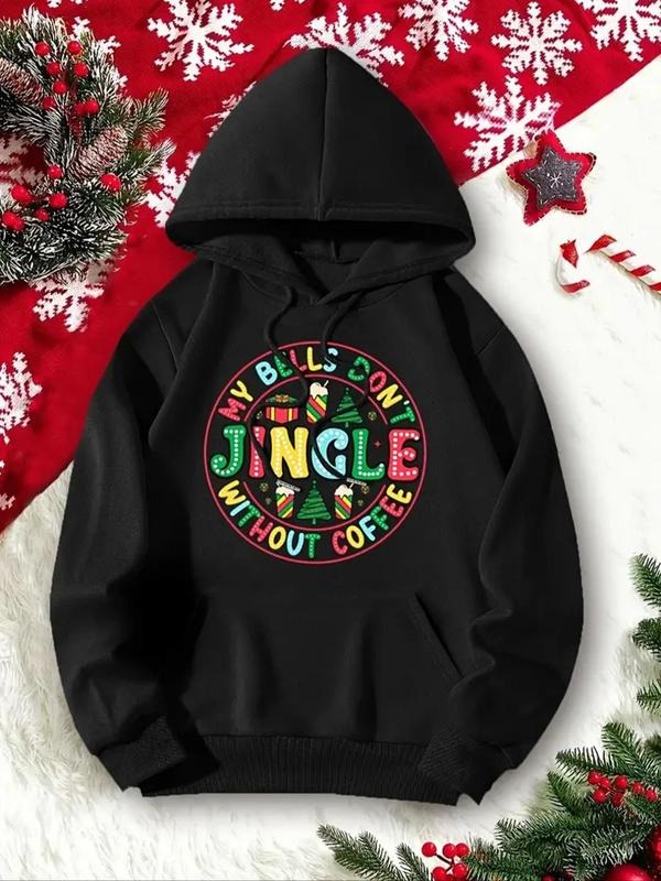 Women's Christmas Letter Print Drop Shoulder Drawstring Hoodie, Fashion Casual Pocket Hooded Sweatshirt for Daily Holiday...