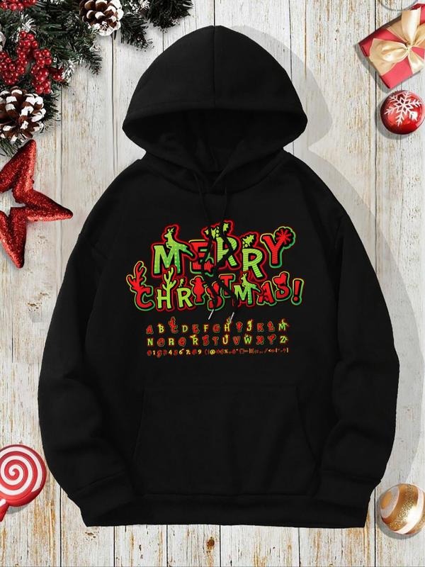 Women's Christmas Letter Print Drop Shoulder Hoodie, Fashion Casual Drawstring Pocket Hooded Sweatshirt for Daily Holiday...