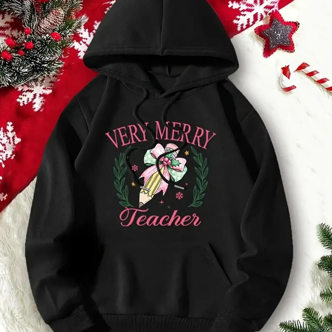 Women's Christmas Letter Print Drop Shoulder Hoodie, Fashion Casual Drawstring Pocket Hooded Sweatshirt for Daily Holiday...