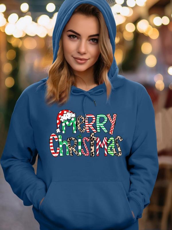 Letter Print Drop Shoulder Long Sleeve Casual Drawstring Pocket Hooded Daily Outdoor Fall & Winter T-Shirts, Hoodie, Sweatshirt