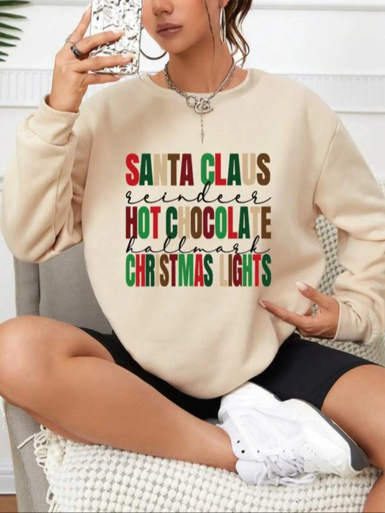Women's Christmas Letter Print Drop Shoulder Sweatshirt, Casual Halloween Long Sleeve Round Neck Pullover for Daily Wear,...