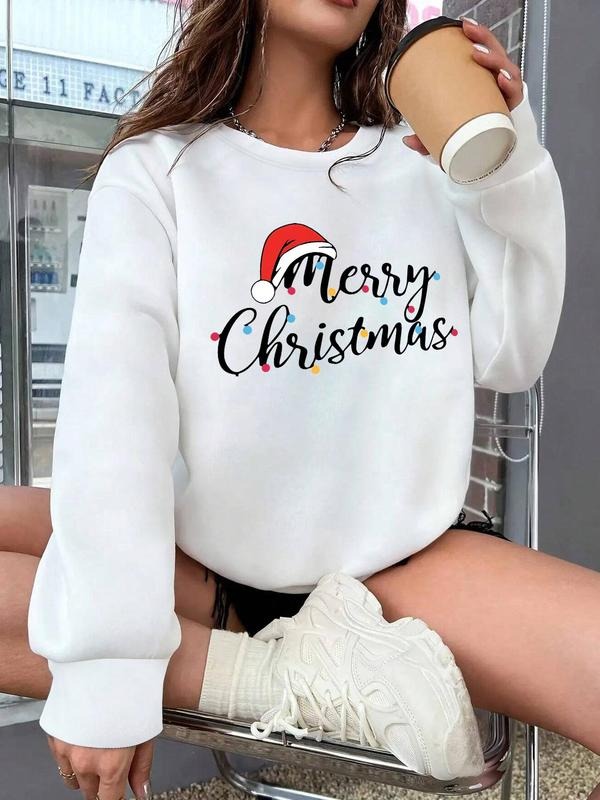 Women's Christmas Letter Print Drop Shoulder Sweatshirt, Casual Long Sleeve Round Neck Pullover for Daily Wear, Ladies...