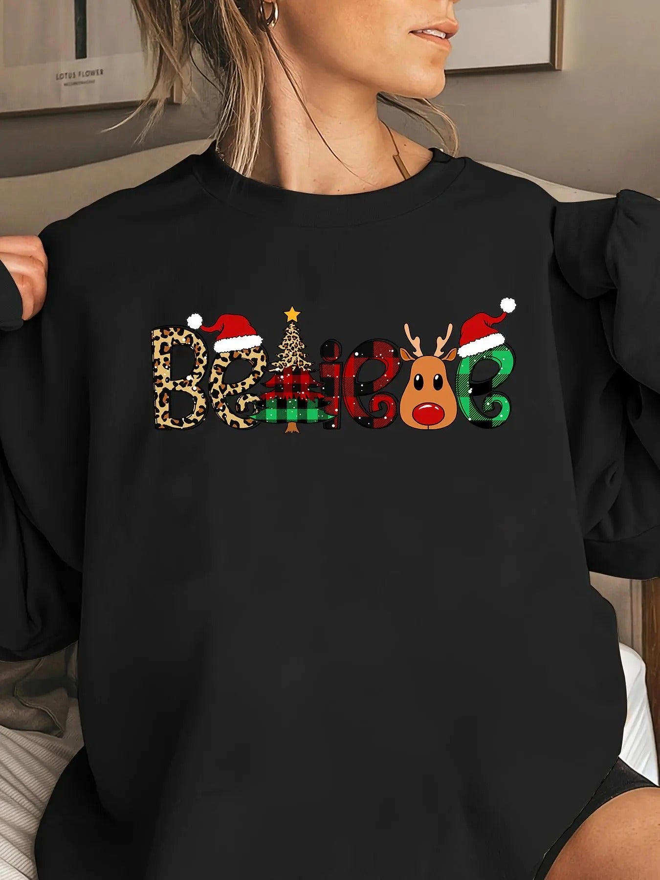 Women's Christmas Letter Print Round Neck Pullover Sweatshirt, Casual Long Sleeve Crew Neck Sweatshirt for Fall & Winter,...