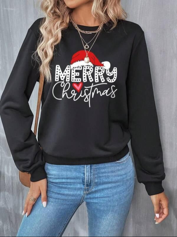 Women's Christmas Letter Print Round Neck Sweatshirt, Casual Graphic Long Sleeve Crewneck Pullover Top for Fall & Winter,...