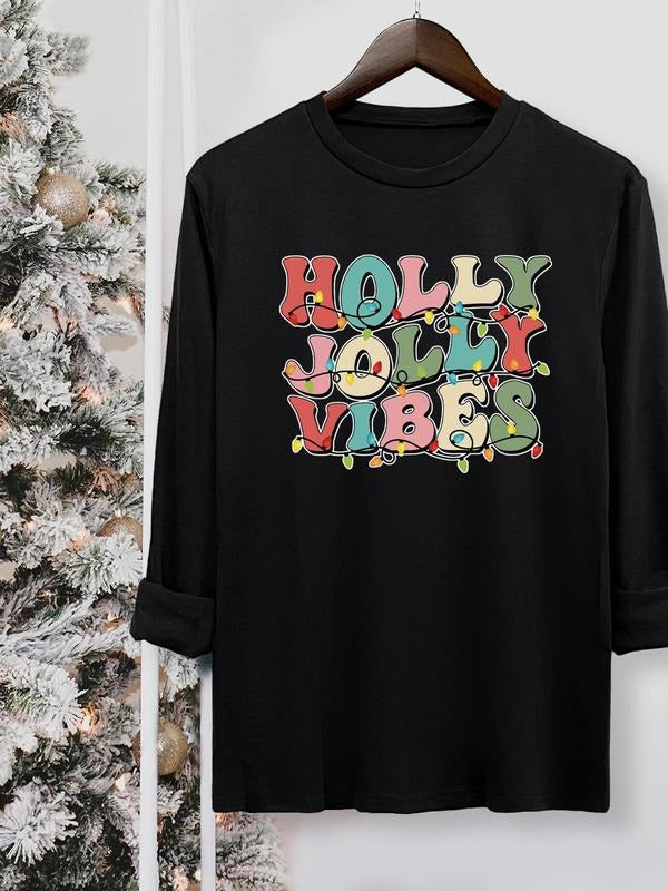 Letter Print Round Neck Casual Long Sleeve Crew Neck Fall & Winter Top Daily T-Shirts, Hoodie, Sweatshirt