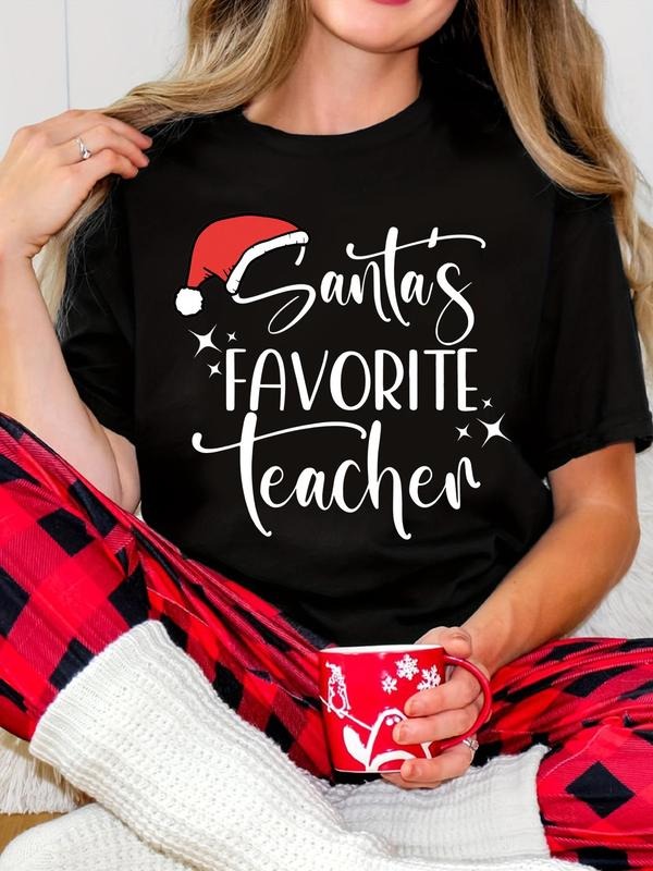 Women's Christmas Letter Print Round Neck Tee, Casual Santa's Favorite Teacher Graphic Crew Neck T-Shirt for Daily Wear,...