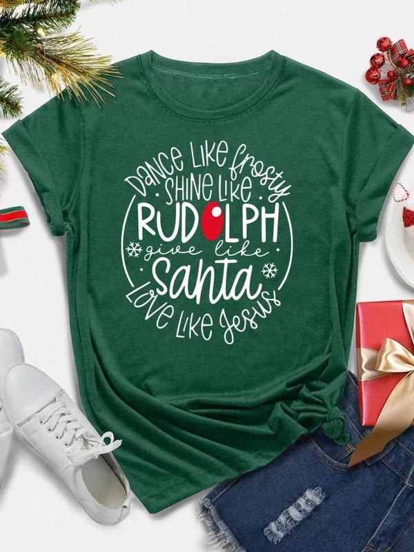 Women's Christmas Letter Print Round Neck Tee, Casual Short Sleeve Crew Neck T-Shirt for All Seasons, Fashion Women's Top...