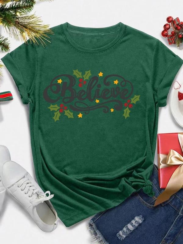 Women's Christmas Letter Print Round Neck Tee, Casual Short Sleeve Crew Neck T-Shirt for All Seasons, Fashion Women's Top...