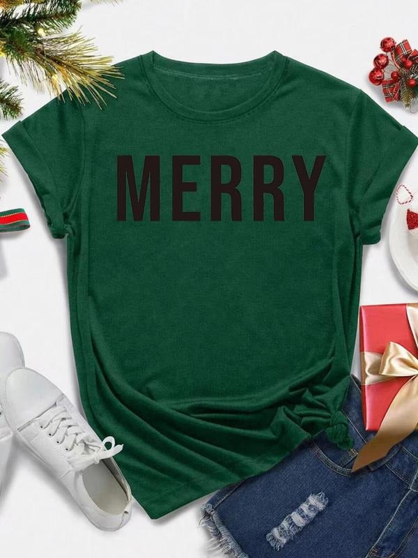 Women's Christmas Letter Print Round Neck Tee, Casual Short Sleeve Crew Neck T-Shirt for Summer, Fashion Women's Top for...